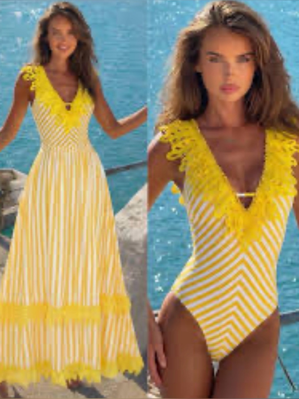 Yellow & White Striped Maxi Skirt / One-Piece Swimsuit Set. NEW NO TAG Sz. S